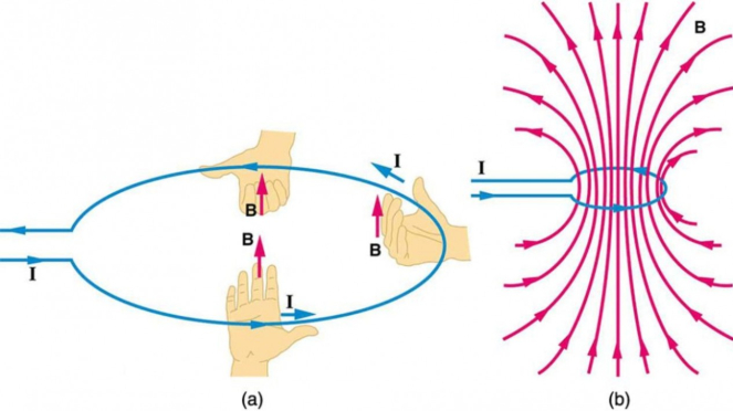 a. Kawat mengalir yang dialiri arus listrik satu arah b. medan magnet pada kawat