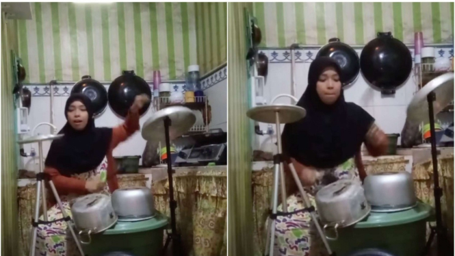 emak-emak main drum dengan perabotan dapur 