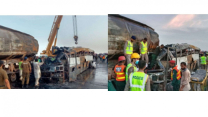 20 tewas karena kecelakaan Bus tanker Kebakaran di Pakistan 