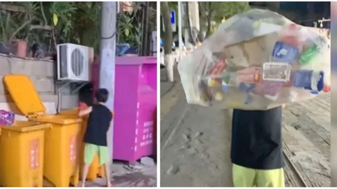 Bocah laki-laki mengumpulkan sampah sebagai hukuman mencuri
