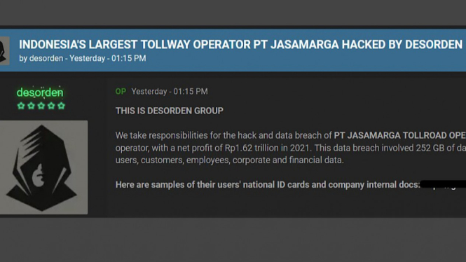 Dugaan kebocoran data pribadi Jasa Marga.
