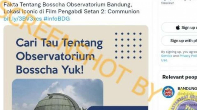 Jepretan layar akun Twitter @infobdg menyebarkan informasi pada 19 Agustus 2022 bahwa Observatorium Bosscha yang terletak di Bandung merupakan salah satu lokasi untuk film Pengabdi Setan 2: Communion.