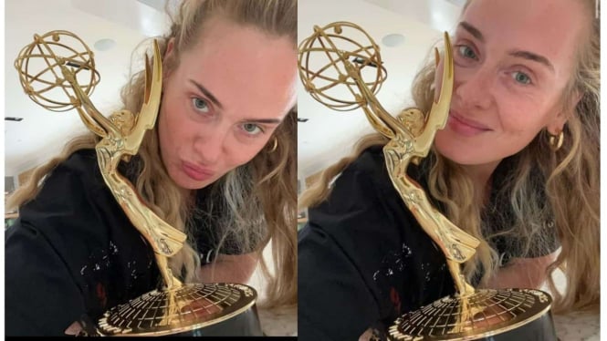 Adele terlihat cantik tanpa make up, selfie dengan piala Emmy-nya