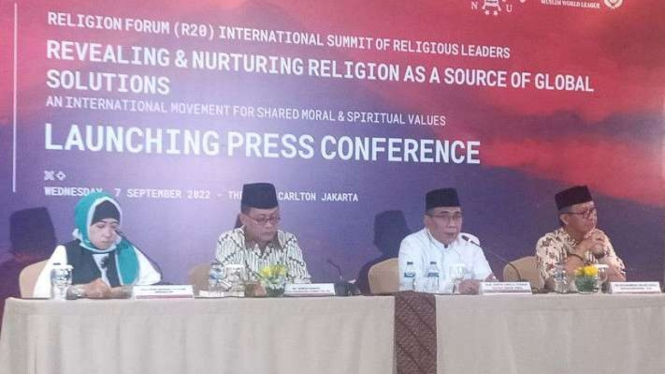Ketua Umum NU Yahya Cholil Staquf (Gus Yahya), dalam konferensi pers Forum Religion of Twenty (R20) atau G20 Religion Forum di Jakarta, Rabu, 7 September 2022.