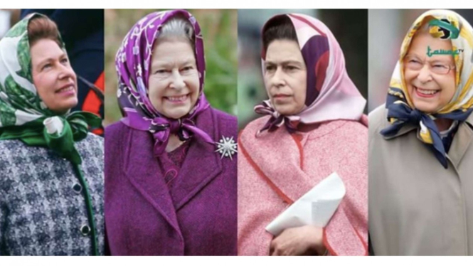 Potret Ratu Elizabeth II mengenakan penutup kepala seperti hijab