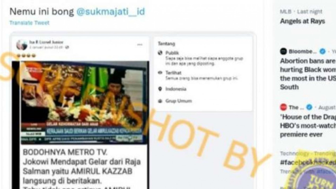 Jepretan layar unggahan sebuah akun Twitter tentang info bahwa Presiden Joko Widodo menerima gelar "amirul kazzab" dari Raja Arab Saudi Salman dan segera disiarkan secara salah oleh Metro TV.
