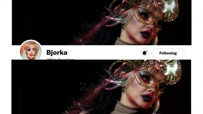 Header Twitter Bjorka (atas) dan cover album Bjork 'Fossora' (bawah).
