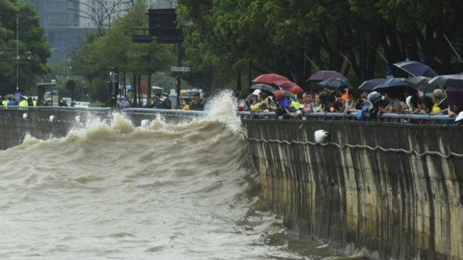 Gelombang tinggi air Sungai Qiantang di Hangzhou, China dipicu Topan Muifa. 