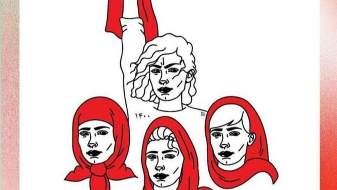 Poster evolusi gaya hijab di Iran oleh seniman Rahael di gelombang protes Mahsa Amini