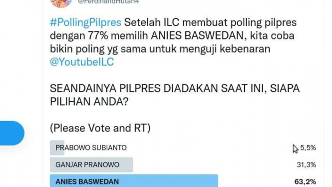 Polling yang dibuat Ferdinand Hutahaean di akun Twitter..