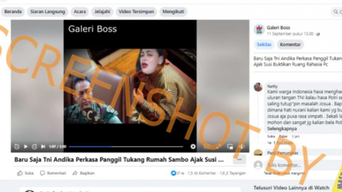Jepretan layar sebuah video di Facebook yang mengklaim bahwa Panglima TNI memanggil tukang rumah atau ART Ferdy Sambo, Susi, soal ruangan rahasia istri Ferdy Sambo.
