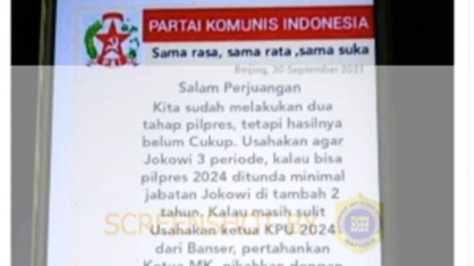 Jepretan layar sebuah akun Twitter mengunggah foto yang berisi narasi bahwa PKI menganggarkan Rp5 triliun untuk memuluskan masa jabatan Presiden Joko Widodo (Jokowi) hingga tiga periode.