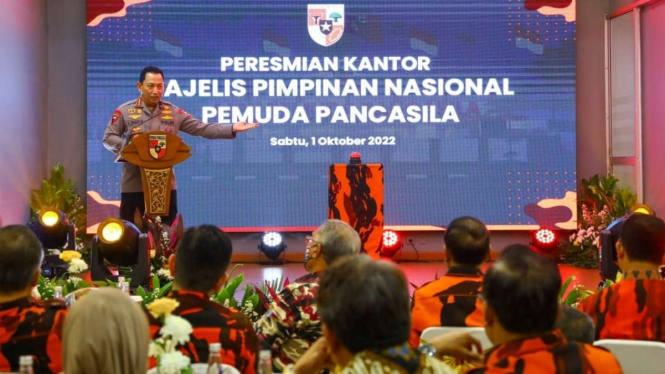 Kepala Polri Jenderal Listyo Sigit Prabowo peresmian Kantor Majelis Pimpinan Nasional (MPN) Pemuda Pancasila (PP) di Jalan Teuku Cik Ditiro, Menteng, Jakarta Pusat, Sabtu, 1 Oktober 2022.