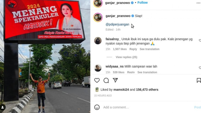 Unggahan Ganjar Pranowo di bawah billboard Puan Maharani.