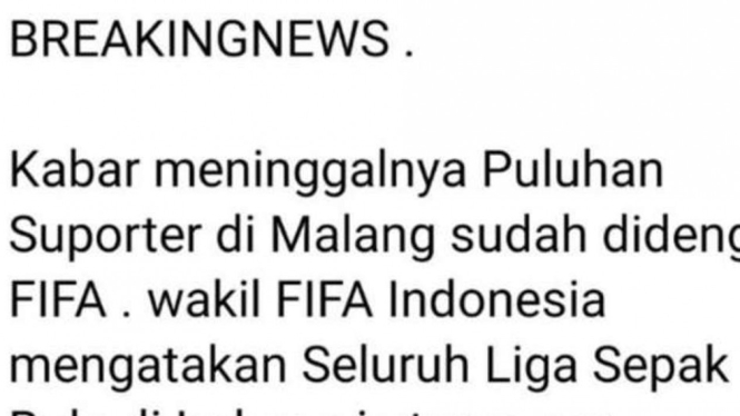 Jepretan laya sebuah informasi yang menyebutkan bahwa Tragedi Kanjuruhan menyebabkan otoritas sepak bola dunia (FIFA) mengancam menjatuhkan sanksi berupa pembekuan seluruh liga sepak bola Indonesia selama 8 tahun.