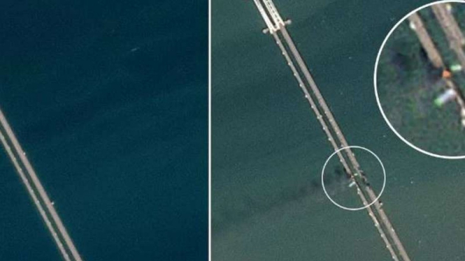 Foto sebelum (kiri) dan setelah ledakan (kanan) jembatan Krimea penghubung Rusia