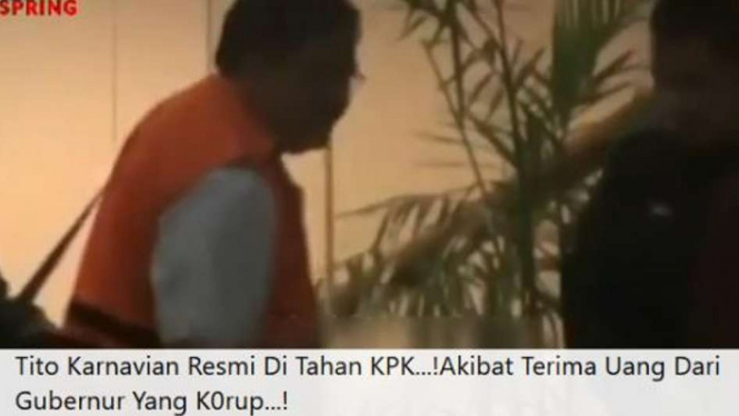 Jepretan layar salah satu akun media sosial Facebook membagikan video berjudul "Tito Karnavian Resmi Ditahan KPK...! Akibat Terima Uang Dari Gubernur Yang Korup".