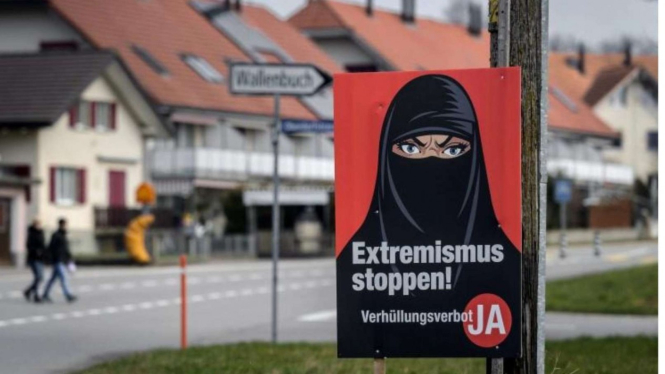Ilustrasi poster larangan burqa di Jerman