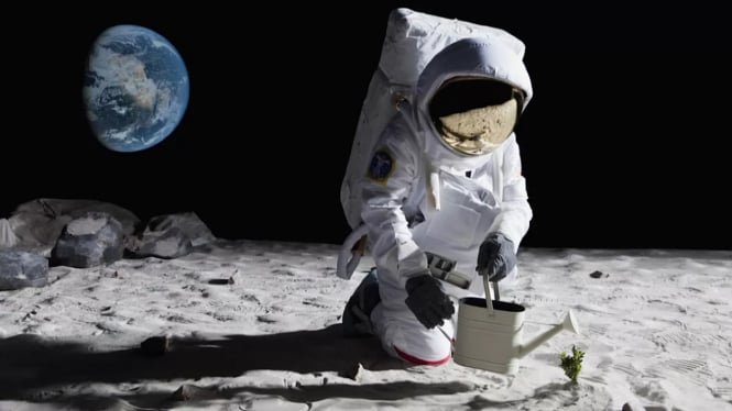Ilustrasi astronot yang sedang bercocok tanam di Bulan.