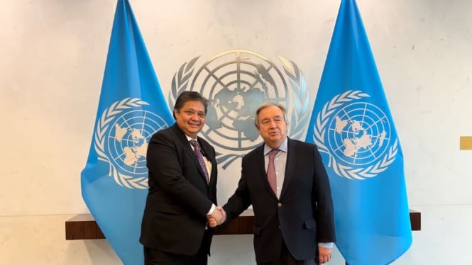 Menko Perekonomian Airlangga Hartarto bertemu dengan Sekjen PBB Antonio Guterres di markas besar PBB, New York.