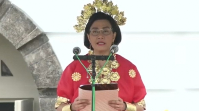 Menteri Keuangan Sri Mulyani Indrawati di Upacara Peringatan Hari Oeang Republik Indonesia.