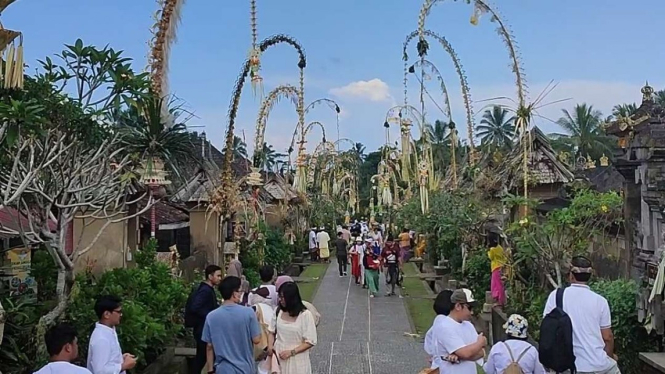 Penjor dipasang di jalan-jalan di Bali.