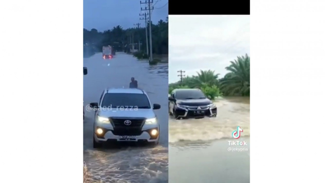 Video Viral Mobil Toyota Fortuner dan Mitsubishi Pajero melintasi banjir