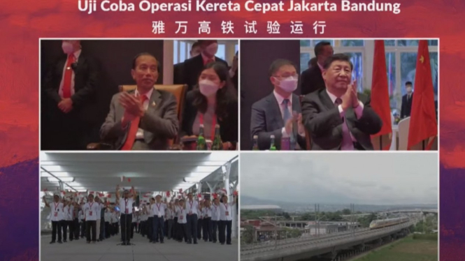 Presiden RI Joko Widodon dan Presiden China Xi Jinping bertepuk tangan saat nonton uji coba operasional Kereta Cepat Jakarta Bandung (KJCB).
