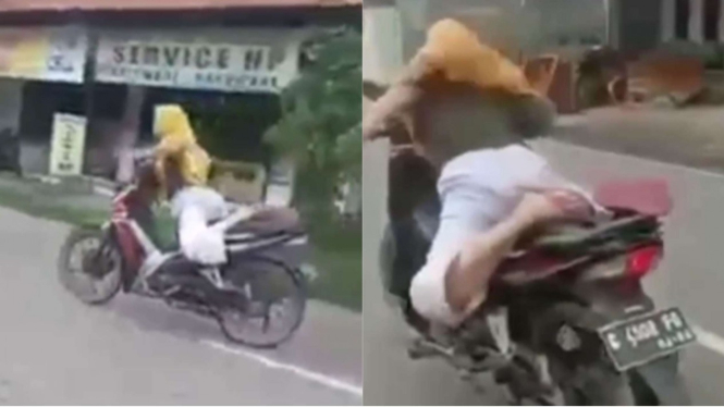 Viral ibu-ibu atraksi sepeda motor di jalan raya