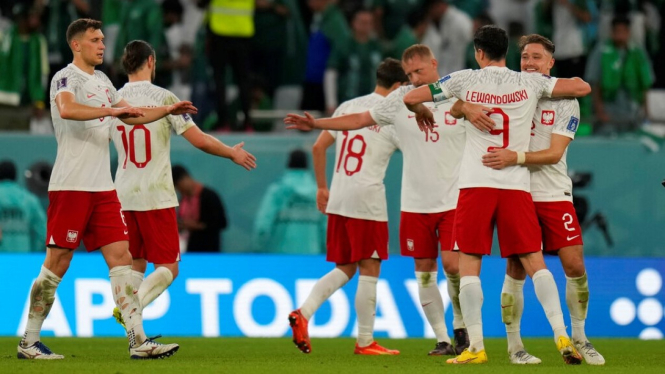 Timnas Polandia merayakan gol di Piala Dunia 2022