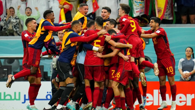 Timnas Spanyol merayakan gol ke gawang Timnas Jerman di Piala Dunia 2022