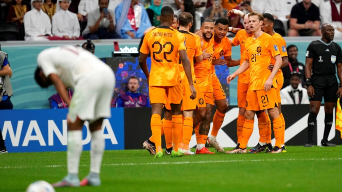 Timnas Belanda merayakan gol di Piala Dunia 2022