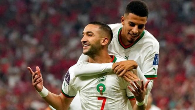 Pemain Timnas Maroko, Hakim Ziyech rayakan gol