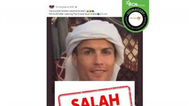 Jepretan layar (screenshot) postingan di media sosial yang menyebut Cristiano Ronaldo masuk Islam saat Piala Dunia 2022 di Qatar.