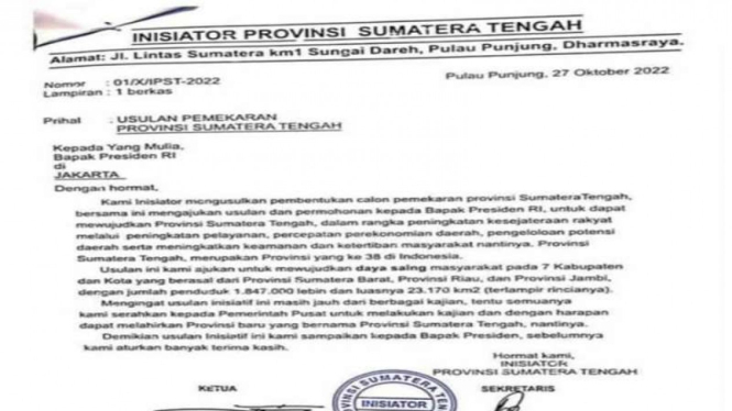 Surat usulan pemekaran provinsi Sumatera Tengah