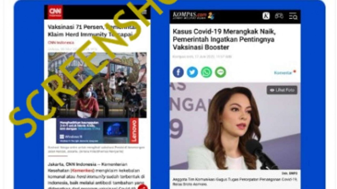 Jepretan layar (screenshot) sebuah akun Twitter mengunggah gambar tangkapan layar dua artikel dari CNN dan Kompas.com disertai dengan narasi tentang virus penyebab COVID-19.