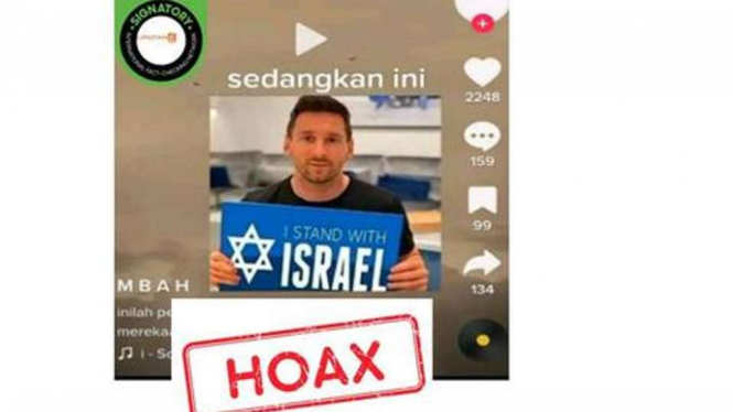 Jepretan layar (screenshot) postingan foto yang diklaim sebagai dukungan Lionel Messi pada Israel. Postingan itu beredar sejak pekan lalu. Salah satu akun ada yang mengunggahnya di Facebook.