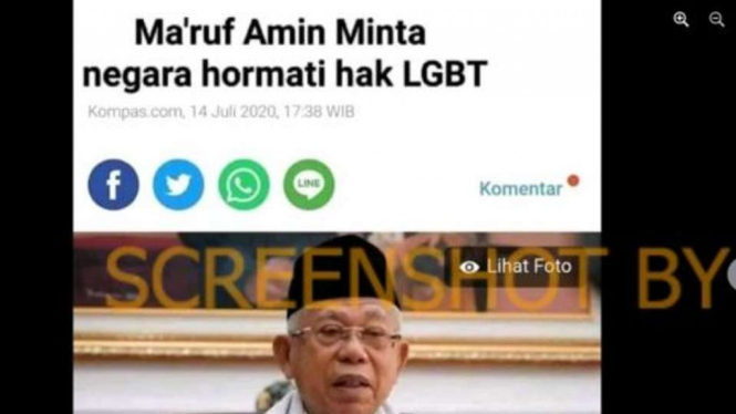 Jepretan layar (screenshot) sebuah akun Facebook mengunggah screenshot artikel Kompas.com dengan judul “Ma’ruf Amin Minta negara hormati hak LGBT”.