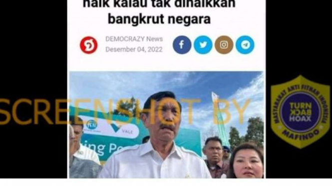 Jepretan layar (screenshot) sebuah akun Facebook mengunggah gambar hasil screenshot artikel DEMOCRAZY News dengan judul “Luhut Menjelang tahun baru harga bahan pokok naik kalau tak dinaikan bangkrut negara”.