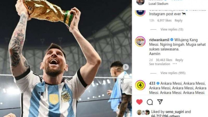 Ridwan Kamil menuliskan komentar dalam bahasa Sunda di Instagram Lionel Messi