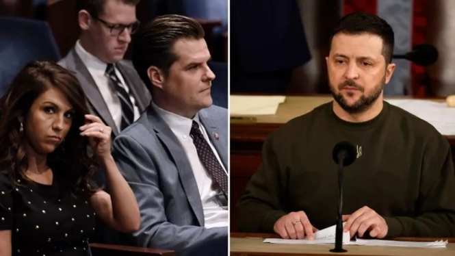 (kiri) Anggota kongres dari Partai Republik, Lauren Boebert dan Matt Gaetz, menolak memberikan tepuk tangan selama pidato Presiden Ukraina, Volodymyr Zelensky di Gedung Parlemen AS.