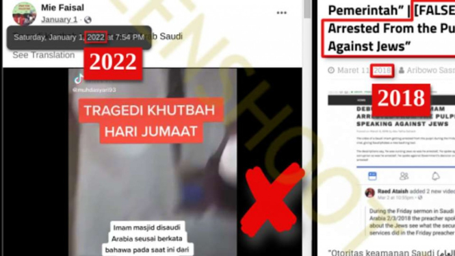 Jepretan layar (screenshot) video yang menampilkan informasi dengan klaim bahwa imam masjid di Arab Saudi dijatuhkan secara paksa karena mengkritik pemerintah.