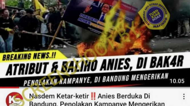 Jepretan layar (screenshot) unggahan video dengan keterangan/judul bahwa atribut dan baliho Anies Baswedan dibakar karena dianggap kampanye terselubung.