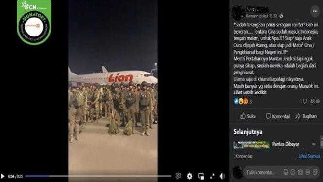 Sebuah video yang diklaim tentara China masuk ke Indonesia menggunakan maskapai penerbangan Lion Air beredar di media sosial.