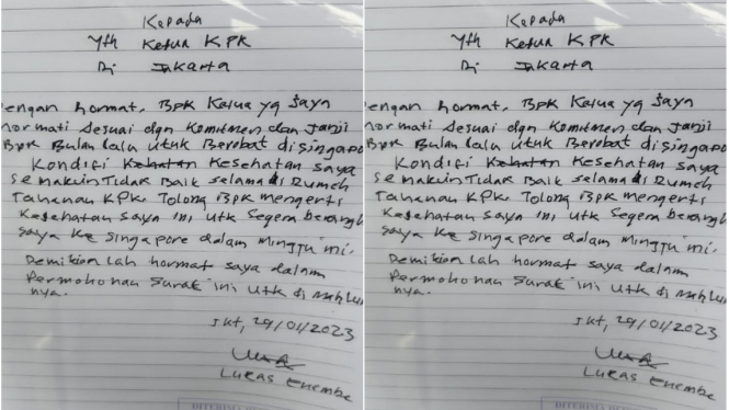 Surat tersangka kasus korupsi Lukas Enembe untuk Ketua KPK Firli Bahuri