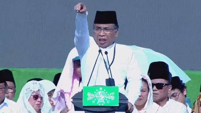 Ketua Umum PBNU KH Yahya Cholil Staquf atau Gus Yahya di Harlah 1 Abad NU