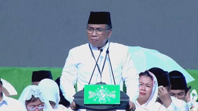 Ketua Umum PBNU KH Yahya Cholil Staquf atau Gus Yahya di Harlah 1 Abad NU