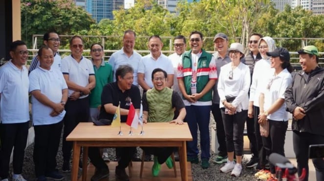 AIrlangga Hartarto dan Cak Imin beserta elite Golkar-PKB di Istora Senayan.