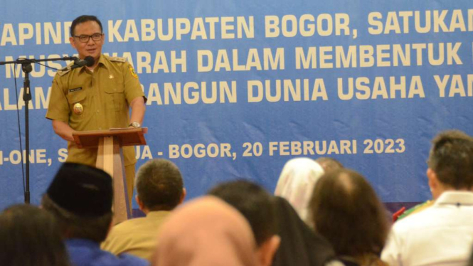 Pelaksana Tugas Bupati Bogor Iwan Setiawan Musyawarah Kabupaten IX Asosiasi Pengusaha Indonesia (Apindo) Kabupaten Bogor, Senin, 20 Februari 2023.