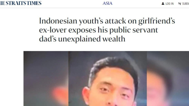 Media Singapura The Straits Times turut memberitakan kasus penyiksaan yang dilakukan Mario Dandy Satrio.